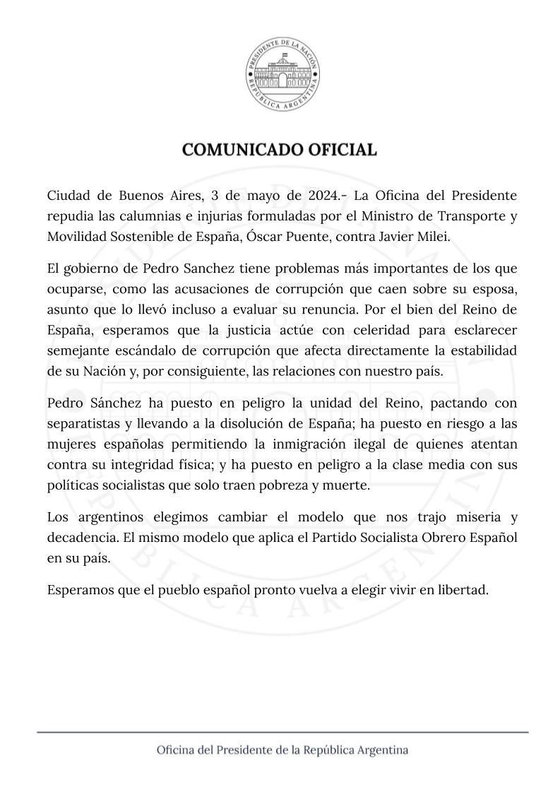 El comunicado de Javier Milei tras los comentarios de Óscar Puente sobre él: