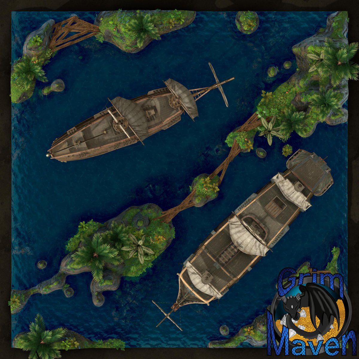 New Maven Map Drop: 'Archipelago' (32x32) Multiple Variants, Immersion Art and VTT Dynamic lighting/walls ready to go! (and for all maps ever made) Perfect Map for Mischief on the High Seas! Jump on board this Friend-Ship and Get Kraken! #dnd #ttrpg #map #encounter