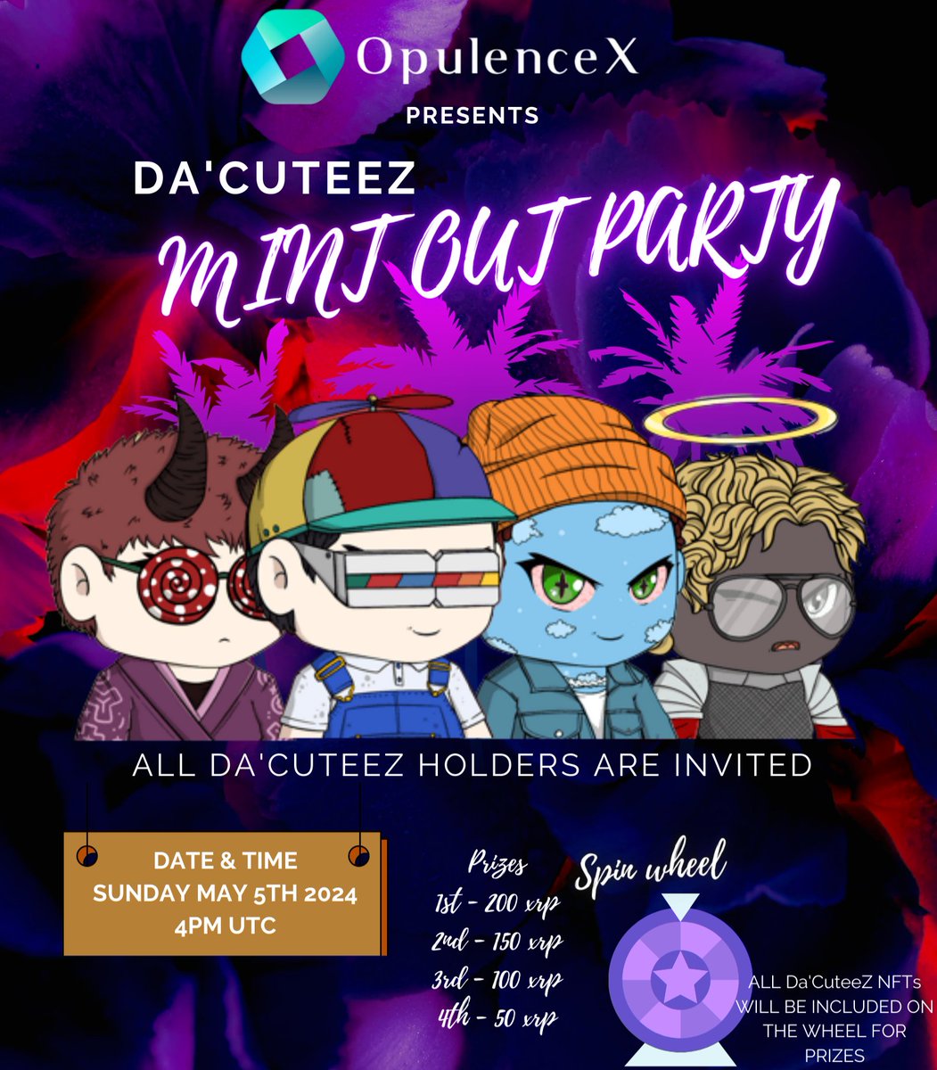 #XRPLCommunity, Make sure you come join us in the Enlightened City for our #SpaceSunday this weekend.💯

We will also hold the Mint Out Raffle for the Da'CuteeZ Holders. If you hold even 1 CuteeZ #NFT, take the time and come have some fun 🥳

#SpreadTheWord #OpulenceX #Livestream
