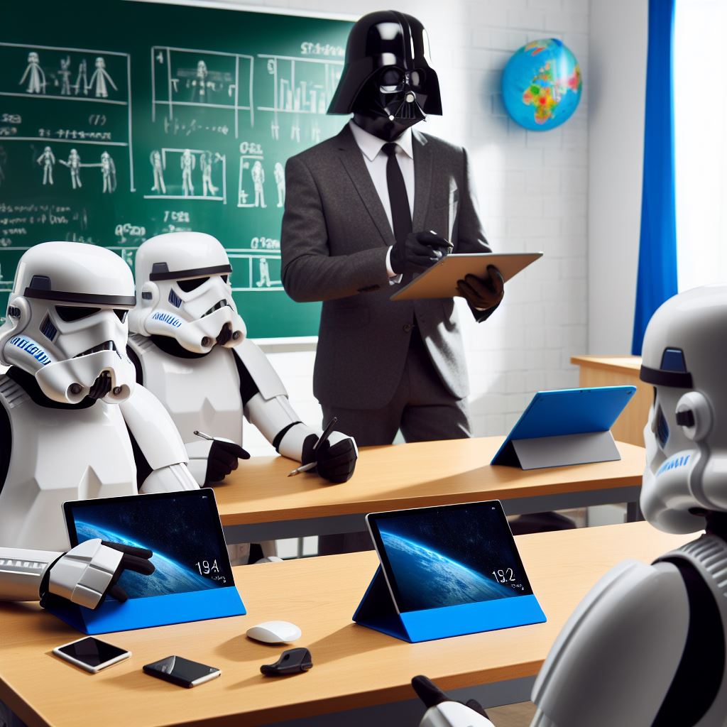 RobDoddsEdu's tweet photo. May the 4th be with you! I used #MicrosoftDesigner to see what my life would be like as a teacher in a galaxy far far away... I love exploring how #AI can empower students to explore, express, create, and innovate. As an #MIEExpert, #Surface devices were a must! #StarWarsDay https://t.co/SHuNIrh59H
