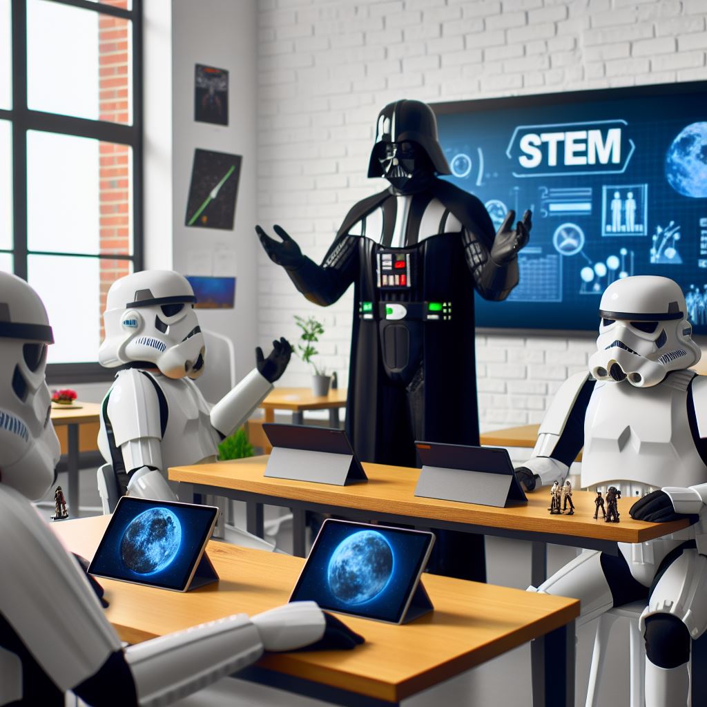 RobDoddsEdu's tweet photo. May the 4th be with you! I used #MicrosoftDesigner to see what my life would be like as a teacher in a galaxy far far away... I love exploring how #AI can empower students to explore, express, create, and innovate. As an #MIEExpert, #Surface devices were a must! #StarWarsDay https://t.co/SHuNIrh59H