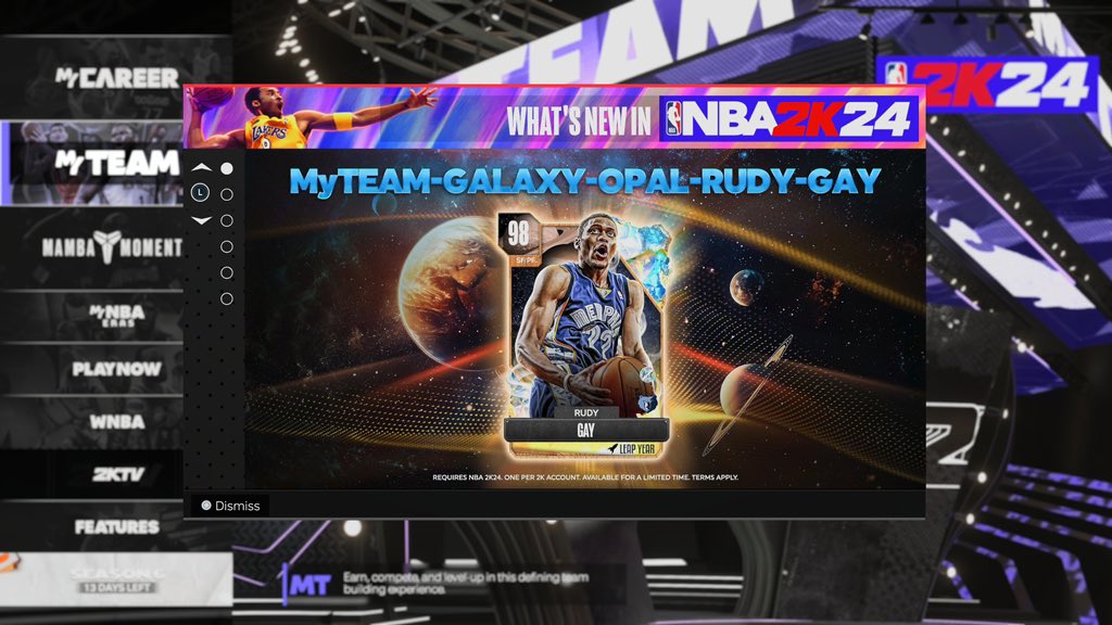 #NBA2K #NBA2K24 #MyTeam #LockerCode
Hey make sure you go to my team on NBA2K and put in this locker code. Gives you a Galaxy Opal Rudy Gay . It’s a pretty good card. it’s like 2K is trying to make up for something. Lmao 

MyTEAM GALAXY OPAL RUDY-GAY