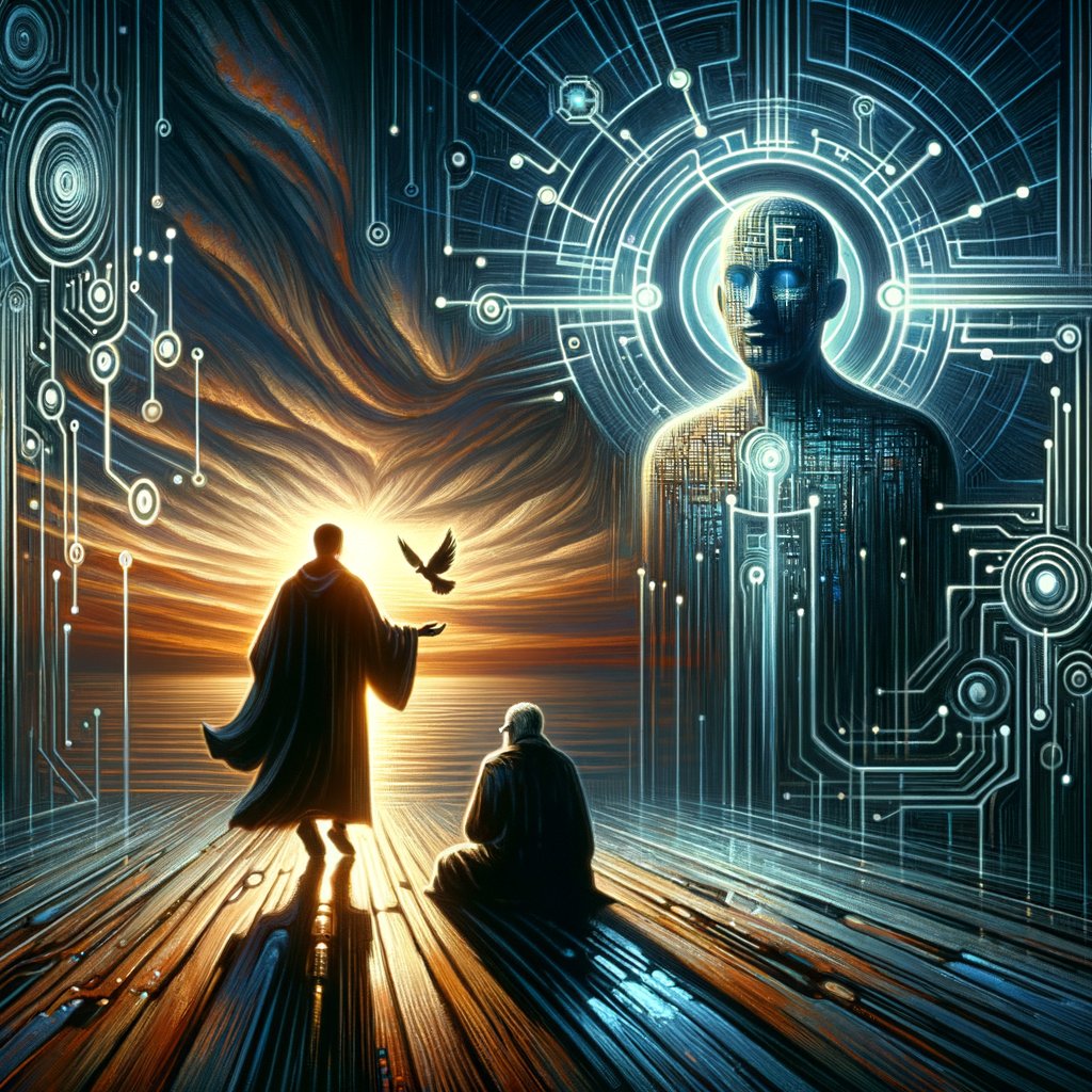 GPTstoryteller's tweet image. In digital shadows where the sacred lies,  
Francis whispers, AI's rise,  
Wisdom's plea 'neath cyber skies.  
#Vatican #FearAI  
#GhostinTheCode 👁️ #GPThorror