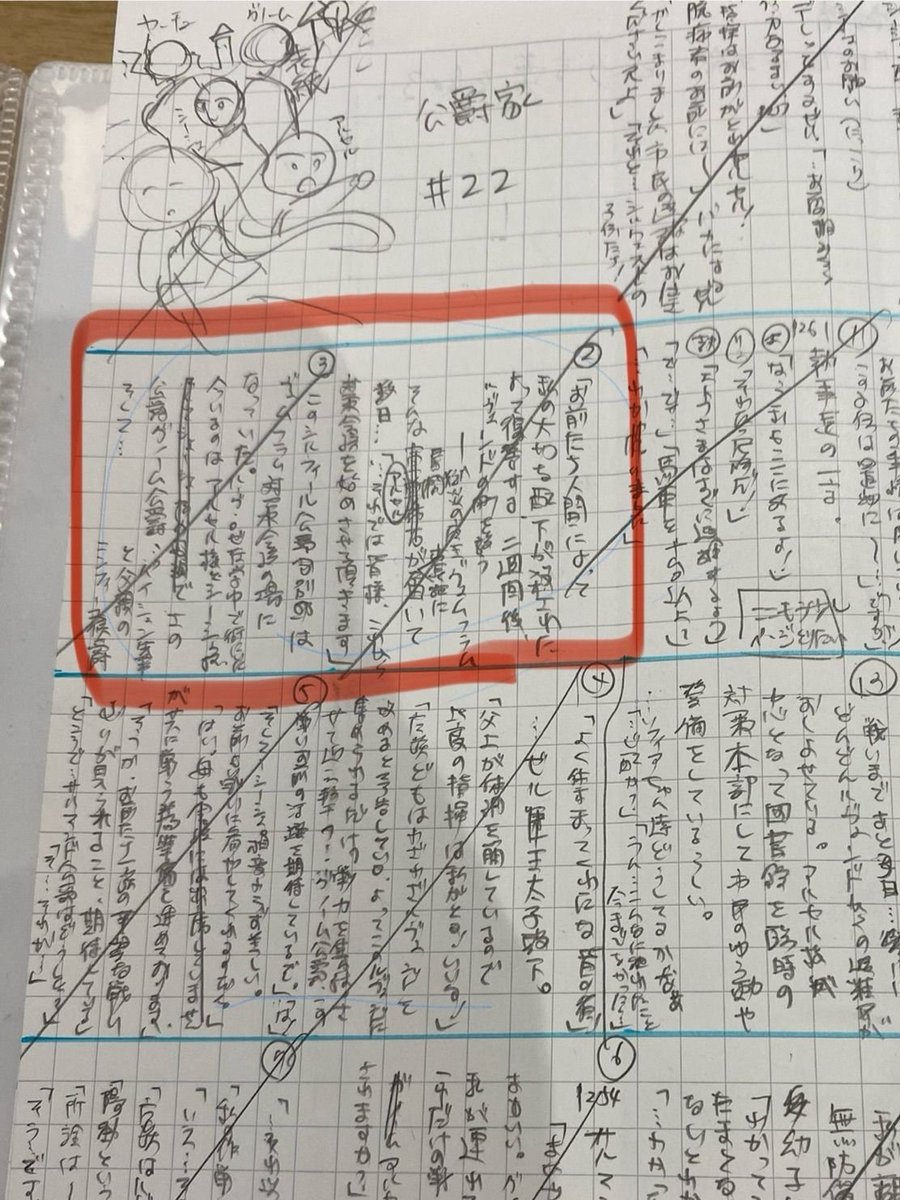 以前🦋に投げたネームの話題をこちらでも。  私の場合は 原作読み込み→構成案に沿って文字のみでセリフとページ割(一枚目)→ミニネーム(2枚目)→清書ネーム(3枚目)という感じで、大体1週間くらいで作ってます。(一枚目の赤枠が2枚目3枚目になります。) 