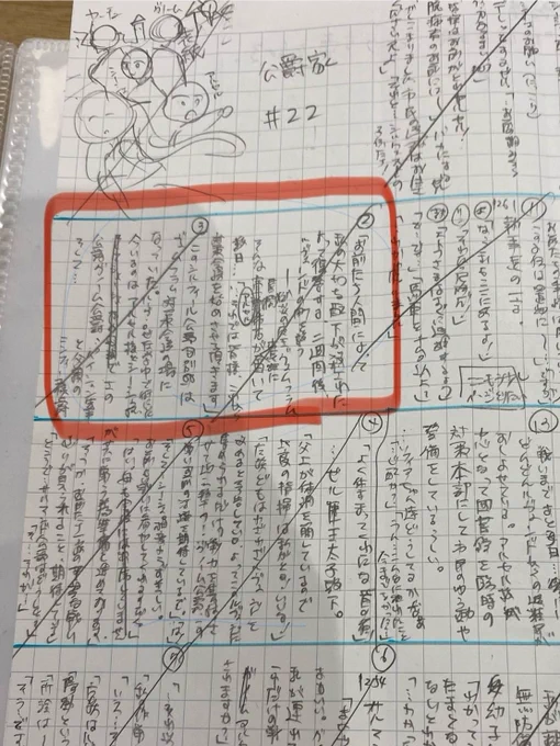 以前🦋に投げたネームの話題をこちらでも。  私の場合は 原作読み込み→構成案に沿って文字のみでセリフとページ割(一枚目)→ミニネーム(2枚目)→清書ネーム(3枚目)という感じで、大体1週間くらいで作ってます。(一枚目の赤枠が2枚目3枚目になります。) 