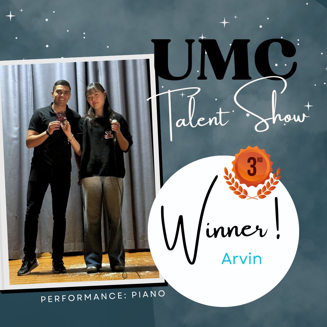 🎩🎶 Winners of UMC Talent Show!! 🎤💃 An amazing experience watching our wonderful students showcase their incredible talents last Friday! We are proud to announce the WINNERS:

🥇 1st Place - Hyunwoo
🥈 2nd Place - Minnie & Duru
🥉 3rd Place - Arvin
#umchighschool #talentshow