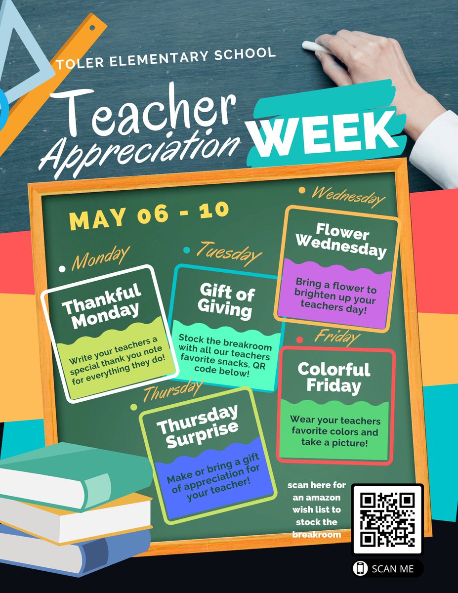 Toler parents, May 6th through the 10th is Teacher Appreciation Week! Help us celebrate your child's teacher this week!! ✨🎉🙌🏼

QR code link: amazon.com/hz/wishlist/ls…