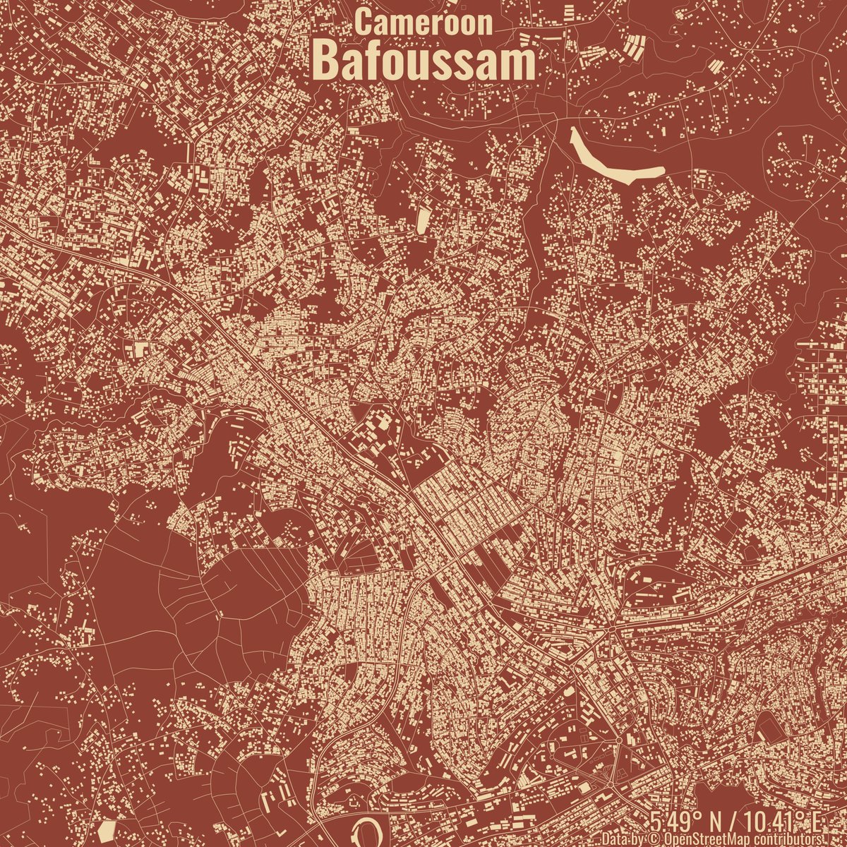 Image of Bafoussam, Cameroon created in #rstats using data from #OpenStreetMap.