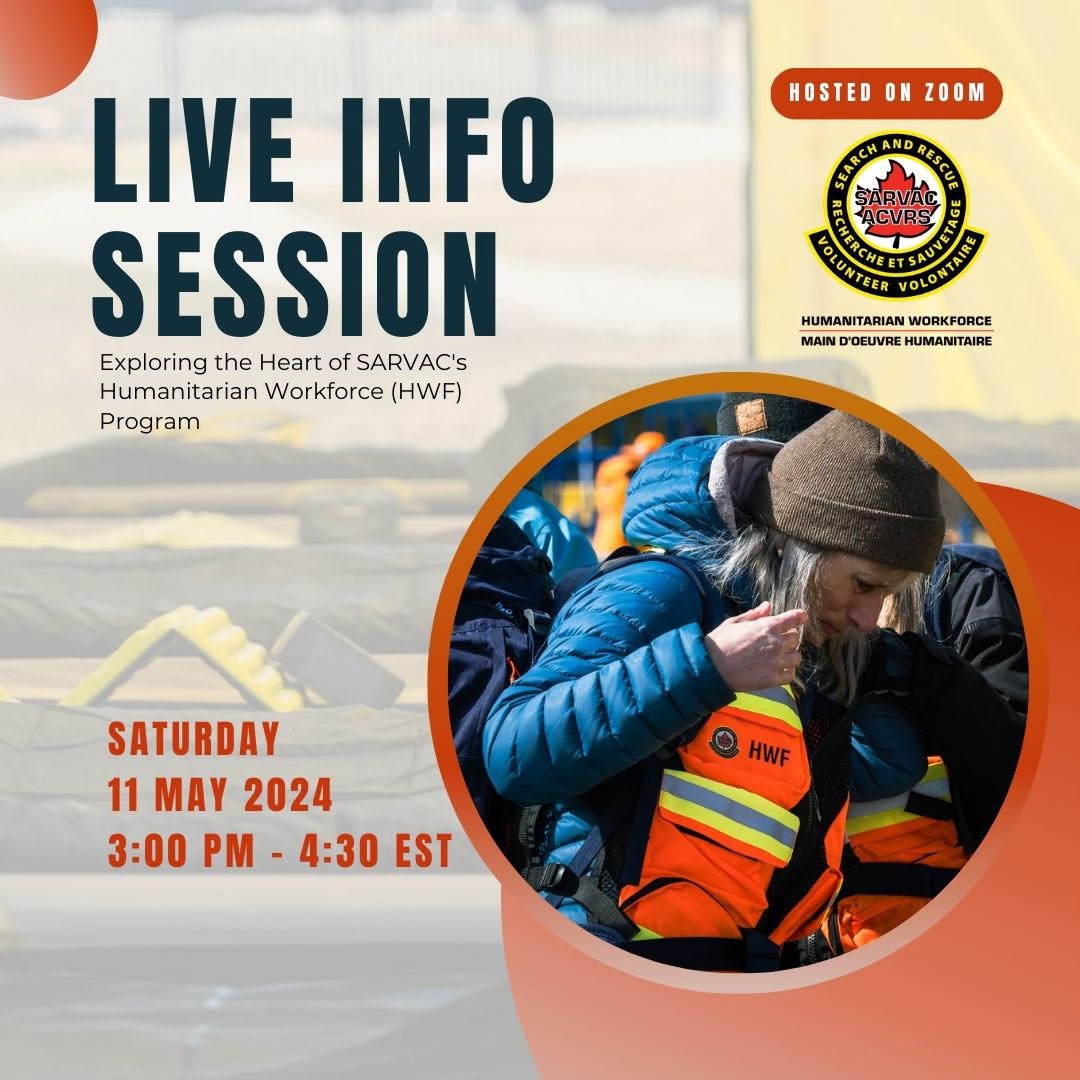 SARVAC_ACVRS's tweet image. 🚨 Join us for SARVAC's Humanitarian Workforce (HWF) Program info session on May 11th during#EPWeek! Discover the crucial roles of #GSAR volunteers across Canada 🇨🇦 and explore our impactful initiatives in emergency response. Sign up now! tr.ee/dospmi3CNF