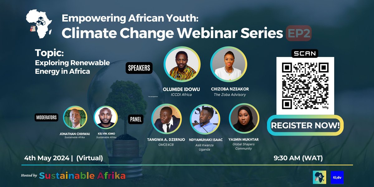 Don't miss today's 2nd episode of the #ClimateChange Webinar Series organised by @SusAfrika about #RenewableEnergy in #Africa. Our team leader @zandy_isaac will feature & his focus will be on opportunities & Addressing Adoption gaps. Register: Bit.ly/SAWebinar2024