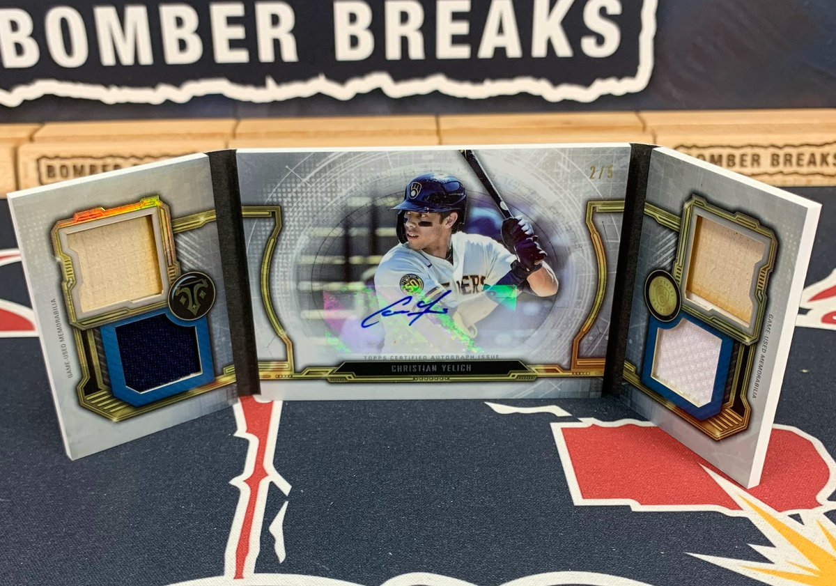 Windows Into Greatness Quad Relic Auto /5 of @christianyelich pulled in our @bomberbreaks Ignition Baseball breaks! 🔥🔥 @topps @fanatics 
#baseballcards #milwaukeebrewers #brewers #mlb #groupbreaks #boxbreaks #casebreaks #thehobby #like #collect #christianyelich #boom