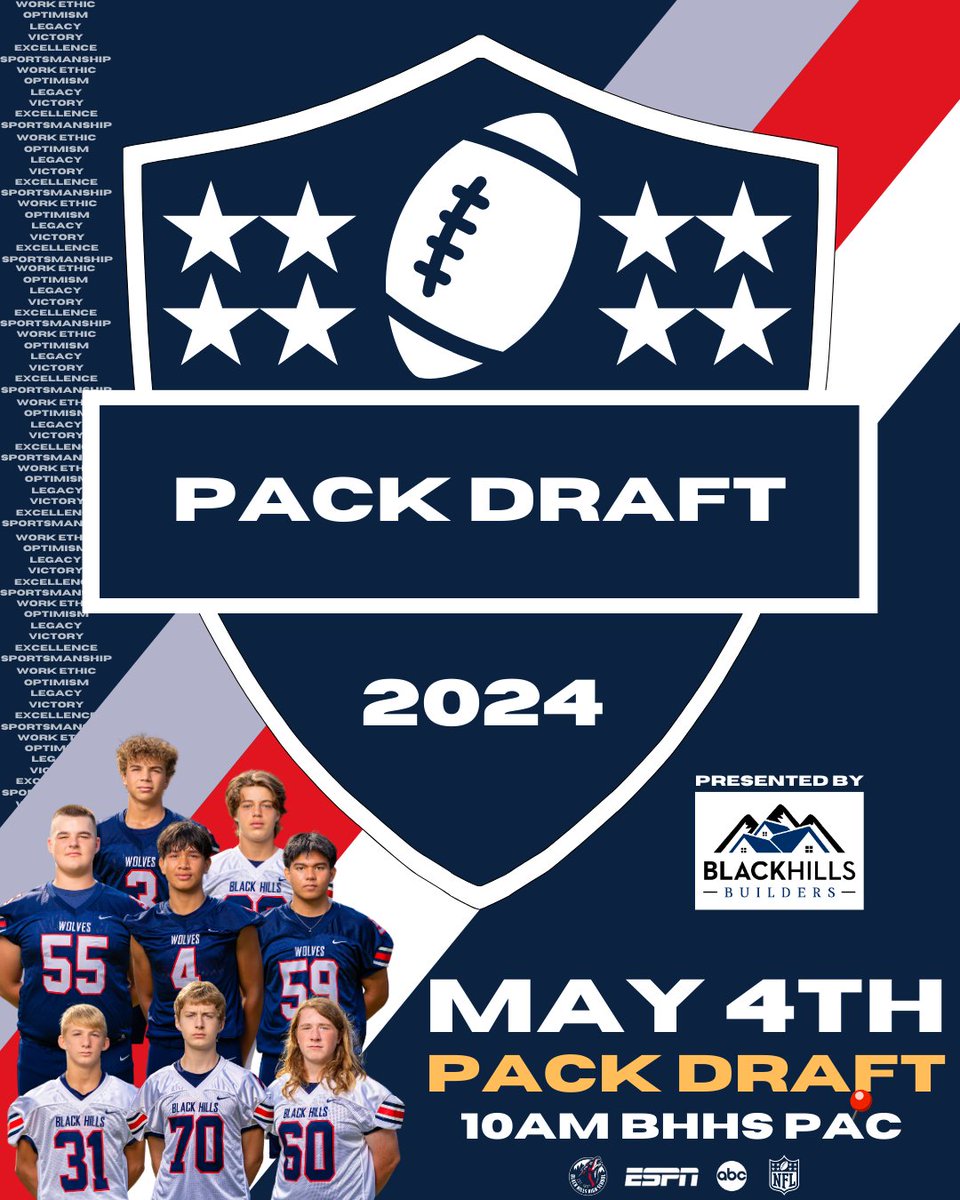 INAUGURAL PACK DRAFT
Who: Current 8th Graders through Current 11th Graders (incoming freshman - soon to be seniors)
What: 2024 Pack Draft. 6 Pack Leaders will take turns picking teammates to build their Pack Team.
When: Saturday, May 4th @ 10am
Where: BHHS PAC