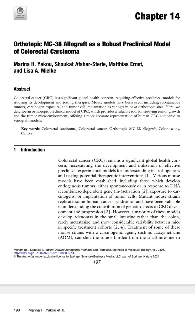 Excited to share our preclinical model of #CRC. It is crucial to understand tissue-resident immunity by modeling tumors in relevant environments!✅️ Thanks @Mohamed_I_Saad for the invitation to contribute this chapter! link.springer.com/protocol/10.10… @ONJCRI @Mielke_Lisa @lab_ernst