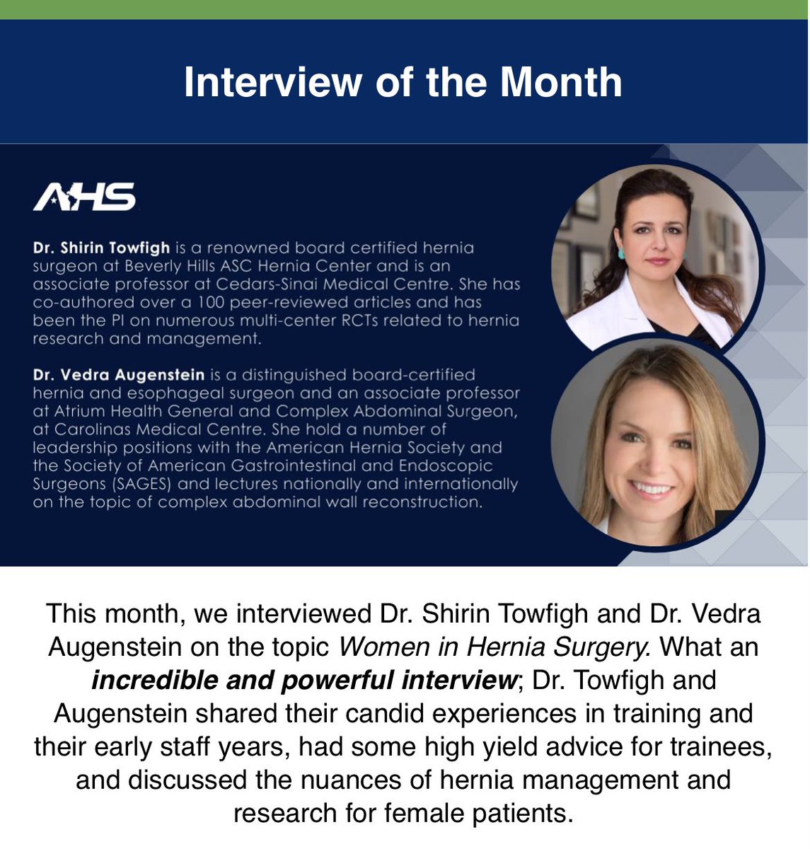 The @AmericanHernia Residents & Fellows Committee interviewed @VedraAugenstein and me for their new monthly series. 🤗 I was happy to share my career path so I can highly encourage you residents and fellows to consider herniology as well! It’s the best and most fun specialty in