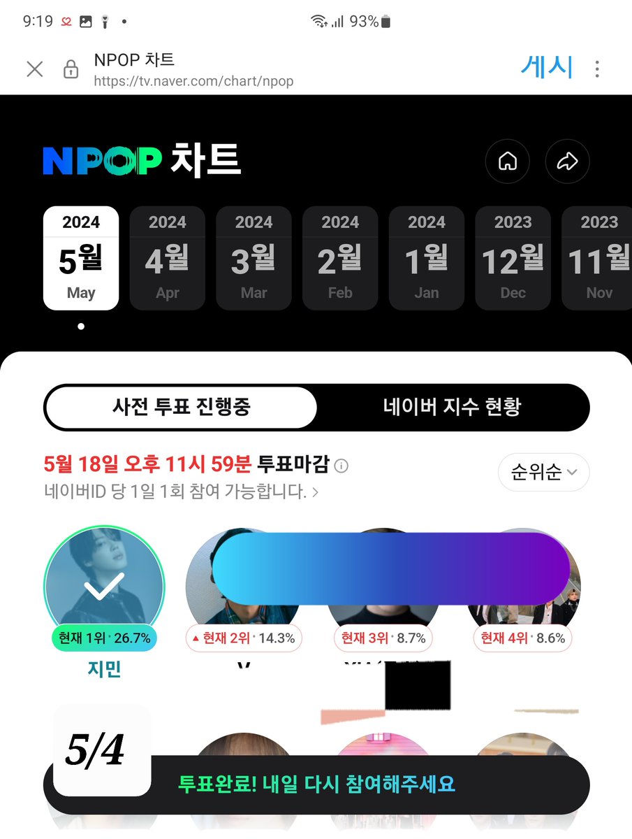 5/4 ✔️🙏🏻
NPOP 차트 (출처 : 네이버TV | 네이버 네이버TV)

 naver.me/FUzndEpX

𝙒𝙀 𝙇𝙊𝙑𝙀 𝙔𝙊𝙐 𝙅𝙄𝙈𝙄𝙉 
#CloserThanThis
#LikeCrazy #SetMeFree_Pt2  
#JIMIN  JIMIN JIMIN