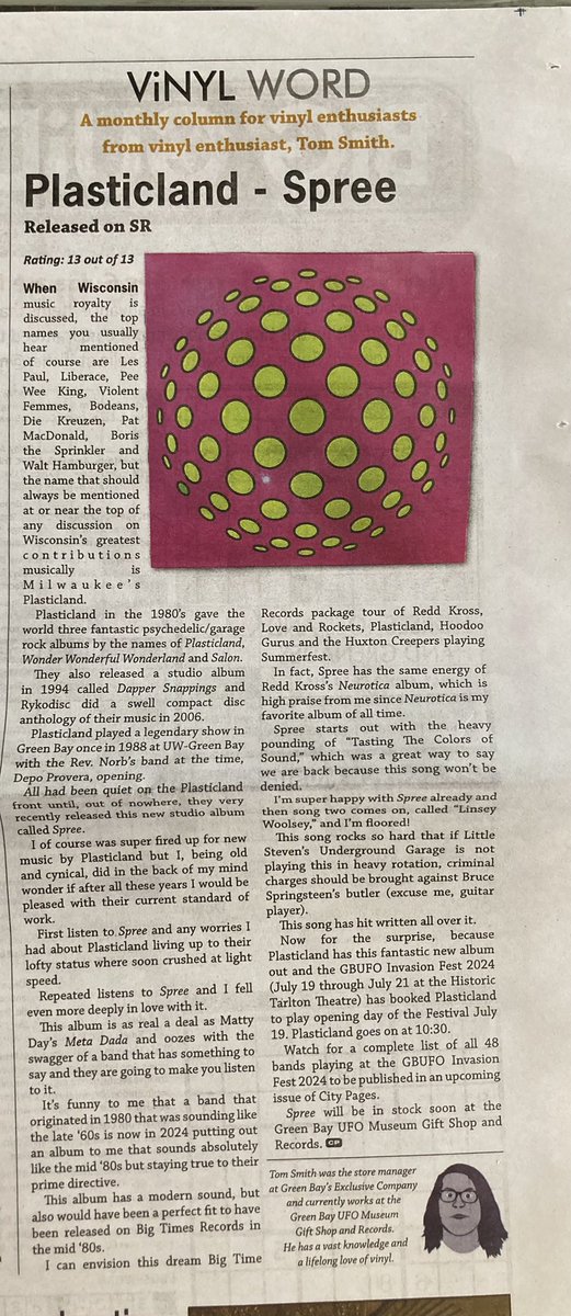 My review of the fantastic new Plasticland album Spree in this week’s Press Times/City Pages. I’m so excited that Plasticland is playing their first show in Green Bay since 1988 on Friday July 19 at the Historic Tarlton Theatre on Day 1 of the GBUFO Invasion Fest 2024.