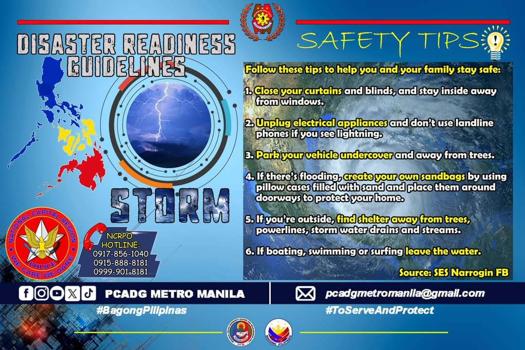 Disaster Readiness Guidelines:

Mga dapat gawin at tandaan upang maging ligtas sa panganib na dulot ng storm o anumang sakuna.
