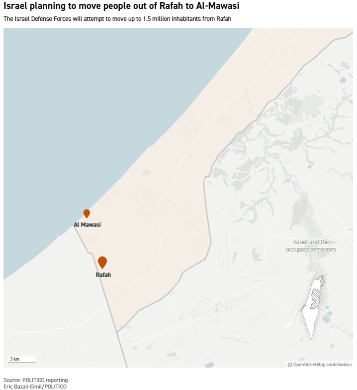 Israel military recently told US government and aid groups operating on ground that they had developed a plan to move people out of Rafah to al-Mawasi, a small strip of land on southern Gaza coast, ahead of an invasion. politico.com/news/2024/05/0…