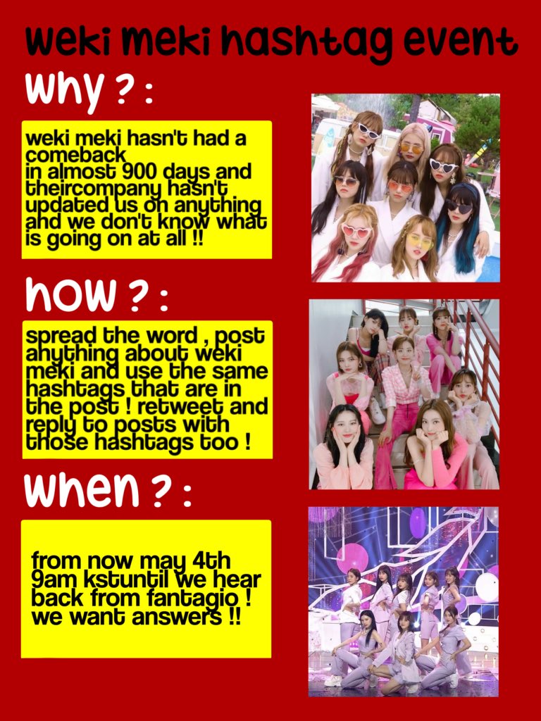 please spread this !! weki meki deserve better !

<a href="/wekimeki/">WekiMeki 위키미키</a> <a href="/fantagiomusic_/">판타지오뮤직</a> #위키미키 
#WhereIsWekiMeki 
#WekiMekiDeservesBetter 
#판타지오우리는답을원해요