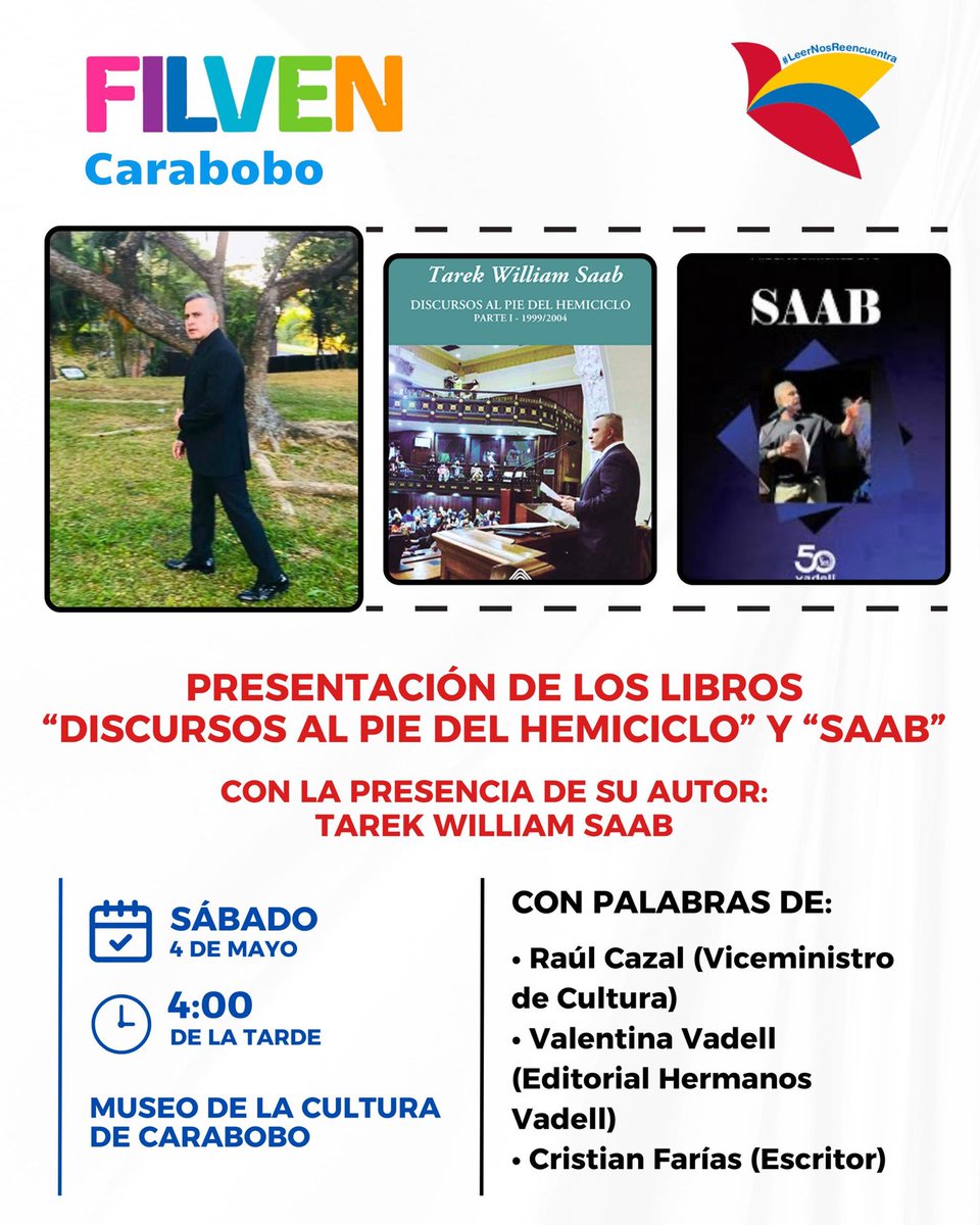 #FILVEN Carabobo Sábado 4:00pm Museo de la Cultura. Con la presentación de nuestro libro DISCURSOS AL PIE DEL HEMICICLO ( @monte_avila⁩ ) y del libro SAAB del novelista Alberto Giménez Ure: primer acercamiento ensayístico a nuestra obra literaria