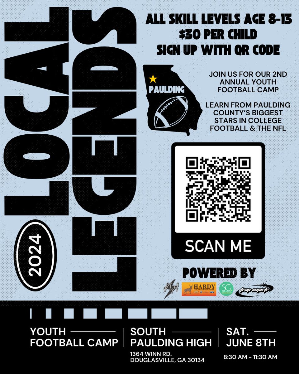 Paulding kids and parents, I will be coaching at this year’s local legends football camp. Local Legends is at South Paulding High School on June 8th and is open to children of all skill levels, ages 8-13. Sign up using the QR code on this post. I’ll see you out there!