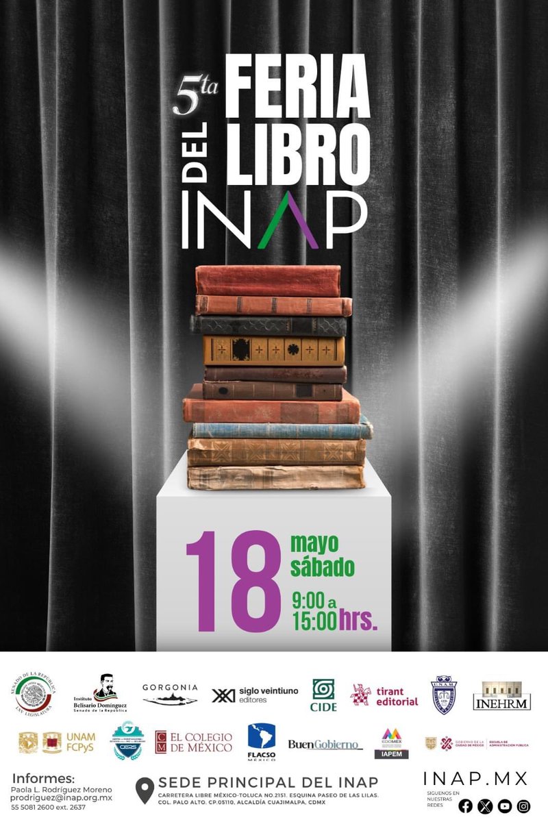 Te esperamos este sábado 18 de mayo en nuestra sede principal del INAP a nuestra Feria del Libro 📚 ⏰ 9:00 a 15:00 horas