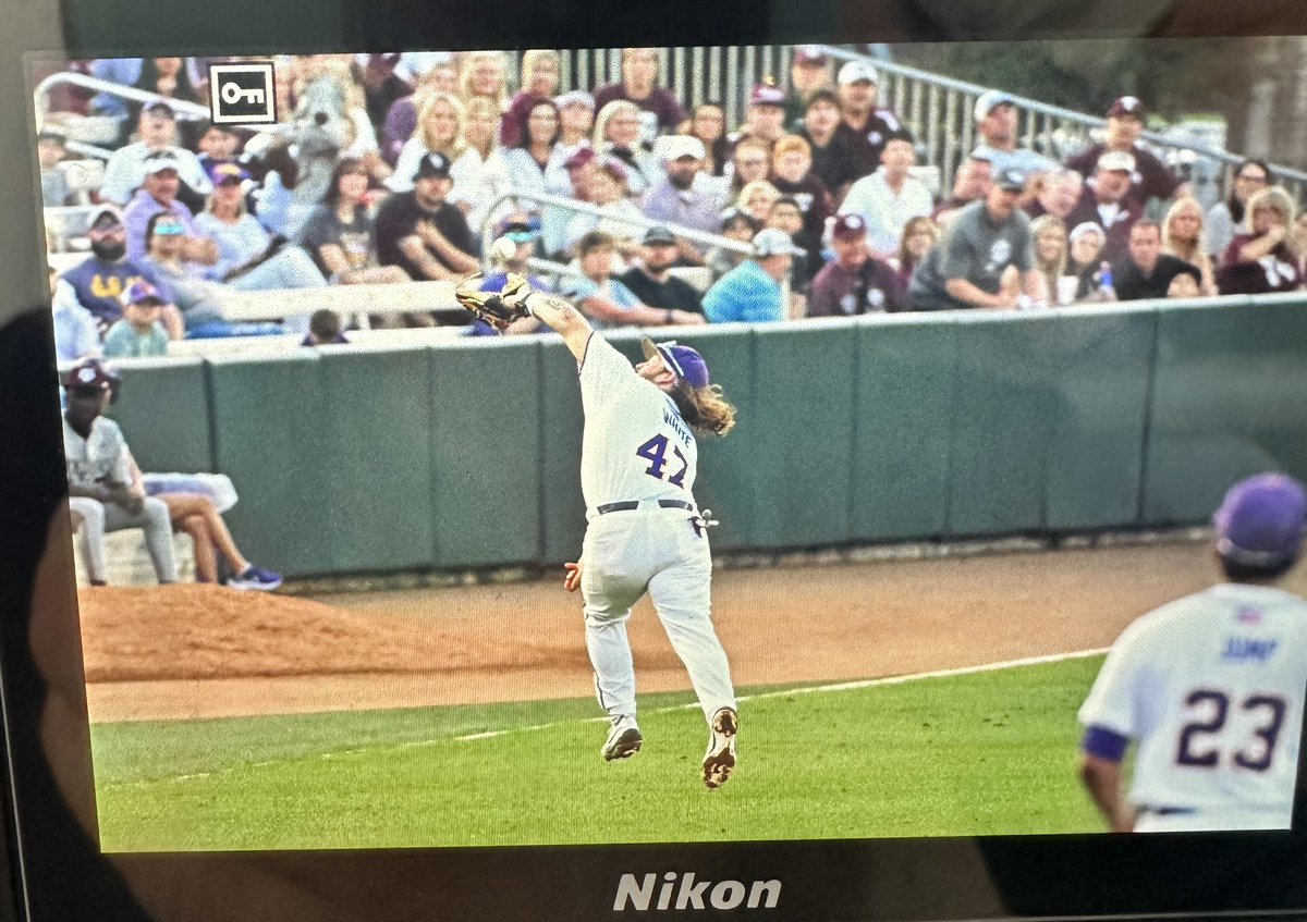 .@tommywhite44 makes the catch on the pop up for the first out of the top of the second inning as @LSUbaseball hosts @AggieBaseball #LSU