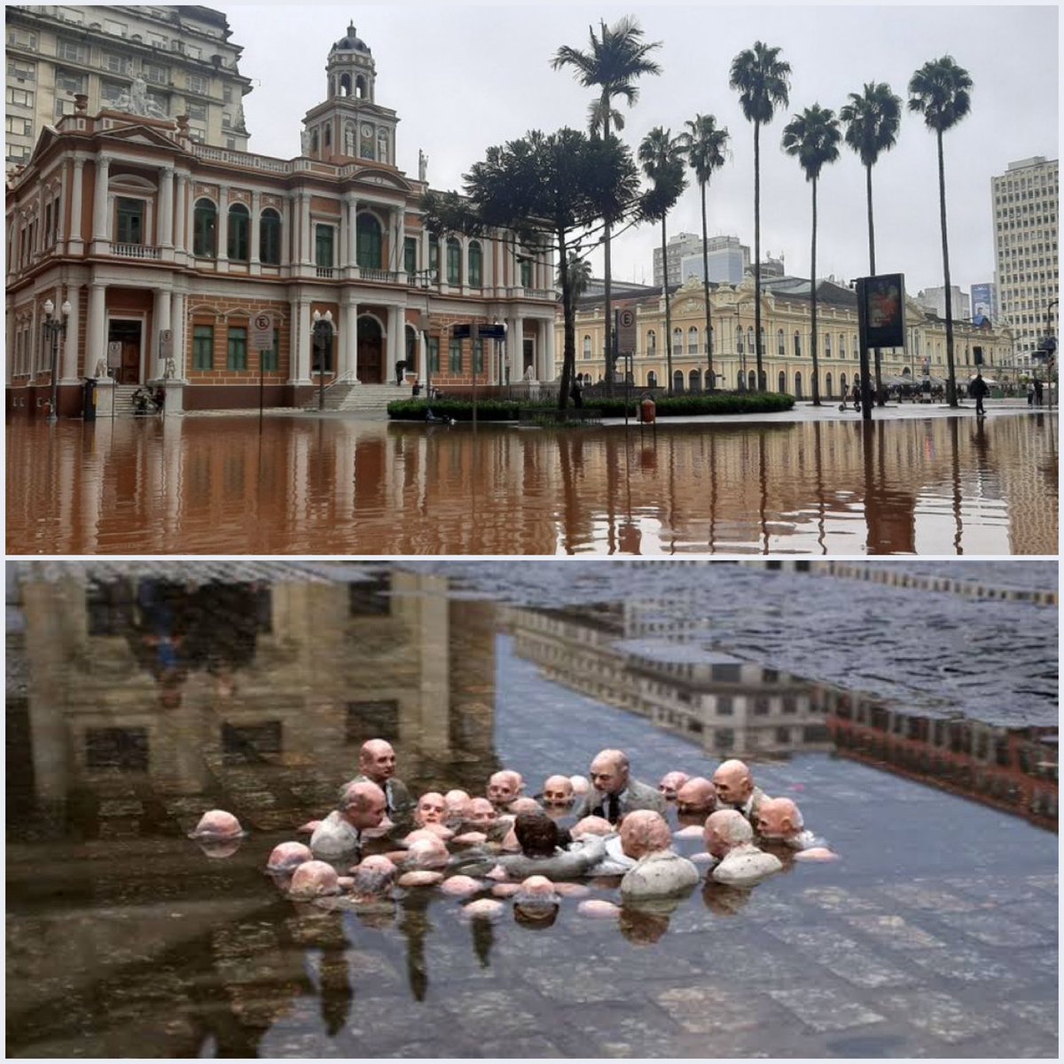 jnascim's tweet photo. Impossível ver o Paço Municipal de Porto Alegre inundado pelo Guaíba sem recordar da obra conhecida como “Politicians Discussing Climate Change”

⬆️ Foto de @GabrielWolkind via @metsul 
⬇️ Obra de Isaac Cordal https://t.co/41YRxjUaYM