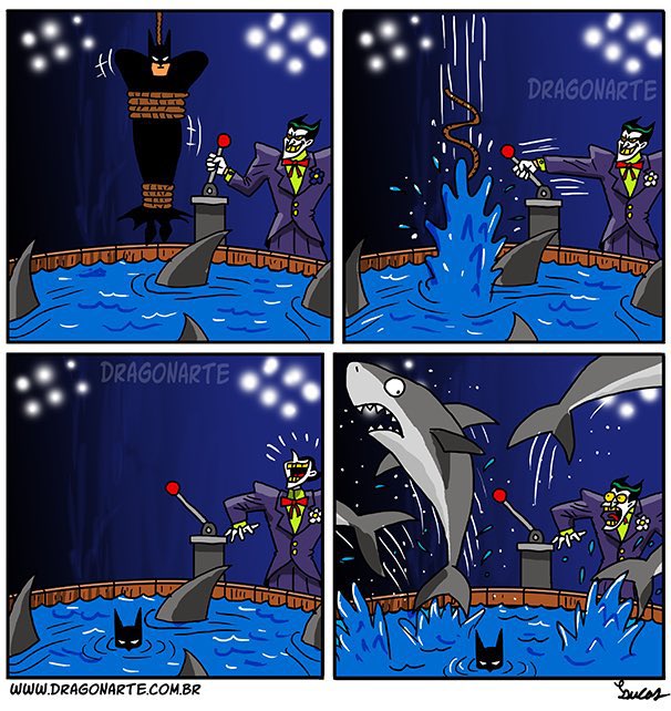 Batman > Joker 🃏 
Batman > 🦈 🦈🦈🦈
Comic by @Dragon_Arte 
#Batman #TheJoker #humor #FridayFunDay