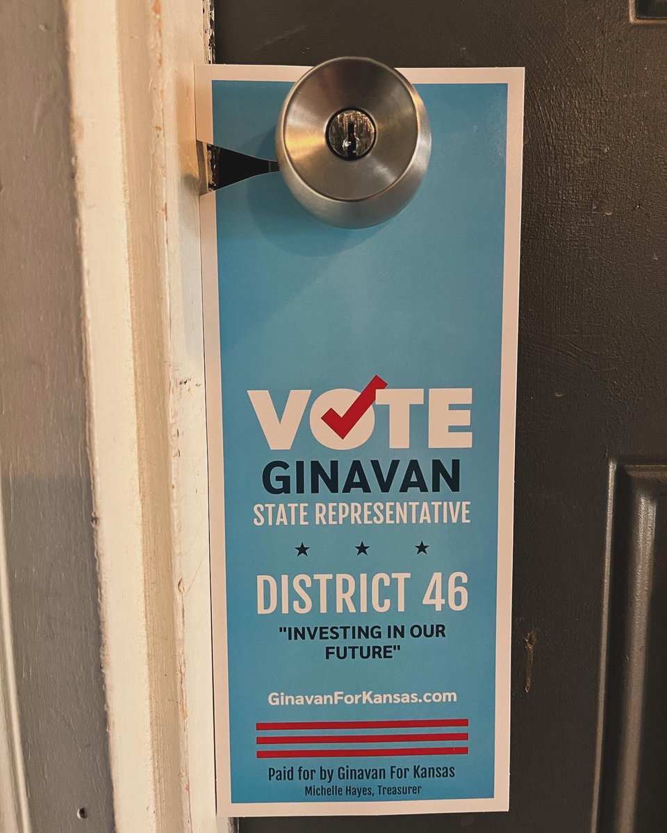 GinavanForKS's tweet photo. Yesterday, me and my team hit the streets to hang up the first batch of VOTE GINAVAN door hangers. Now, if you didn’t get one, you can enjoy this virtual door hanger. Wanna learn more? Head over to https://t.co/YH5SFnzjNW https://t.co/DrUaNwKE6t