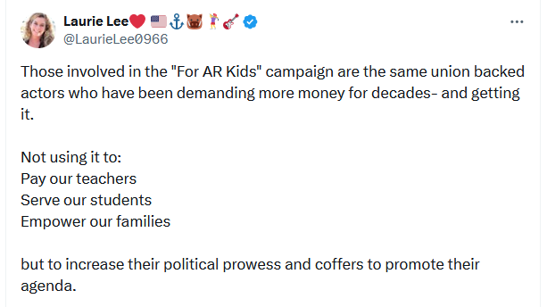 Not true, Laurie. #ForARKids is a grassroots, non-partisan, all-volunteer campaign that includes a broad cross-section of Arkansans passionate about improving education. #AREducationalRightsAmendment guarantees a level playing field for ALL #Arkansas kids. #arpx