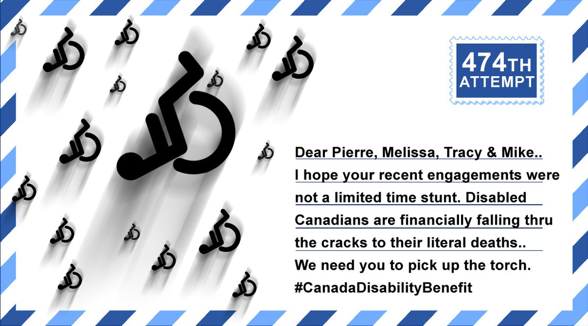 Dear @PierrePoilievre, @MelissaLantsman, @TracyGrayKLC & @MikeLakeMP

474 days asking you to fight for ALL Canadians.
Specifically severely Disabled who can't work.

A $200 #CanadaDisabilityBenefit is a joke.
You've done good in HUMA.
Please raise this more in full HOC.
