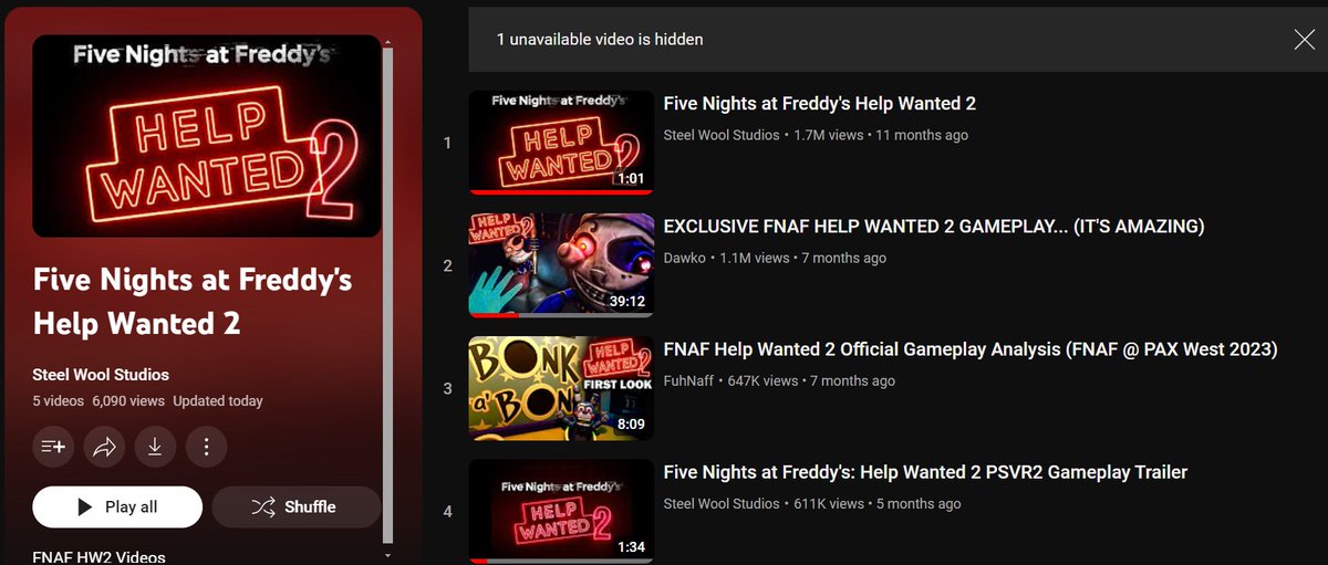 Steel Wool's YouTube playlist for ‘Five Nights at Freddy's: Help Wanted 2’ was updated today to include a private video!

Roughly 30 minutes ago, they took to social media with the caption '👀'. It seems like an announcement is imminent...

(Via: @SteelWoolStudio)
#fnaf…