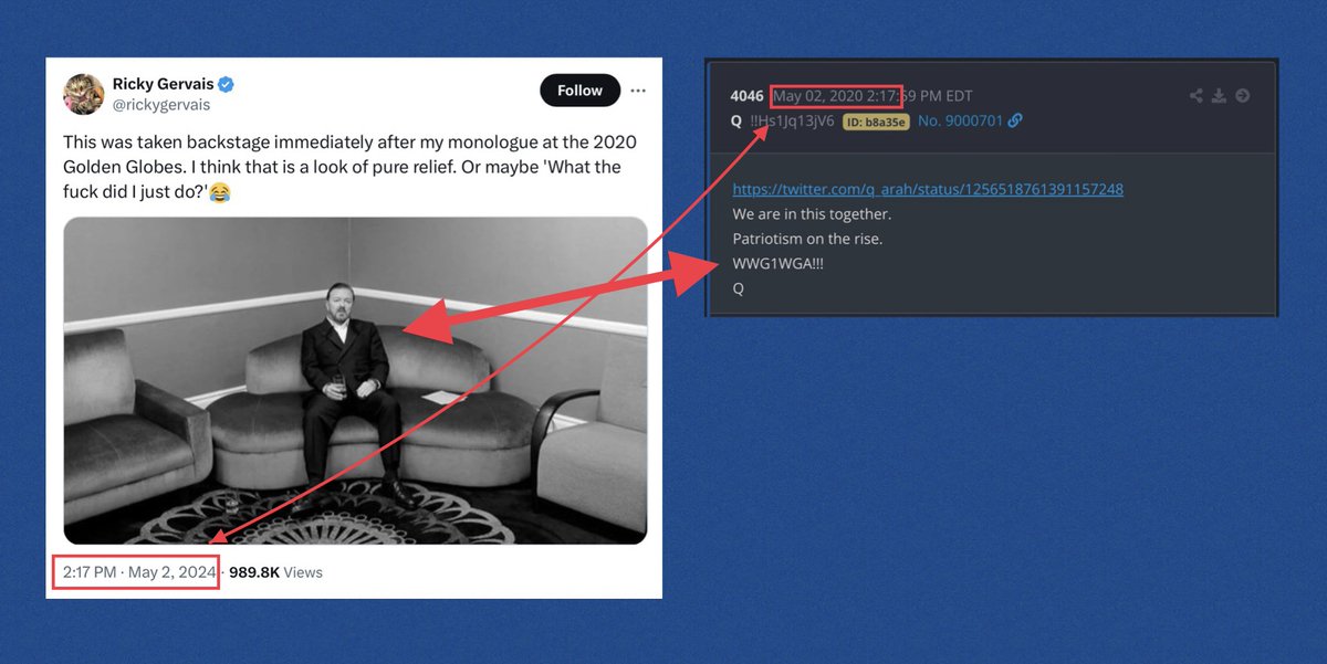 Probably just a coincidence that Ricky Gervais posted with the same date and time stamp as this Q drop? WWG1WGA