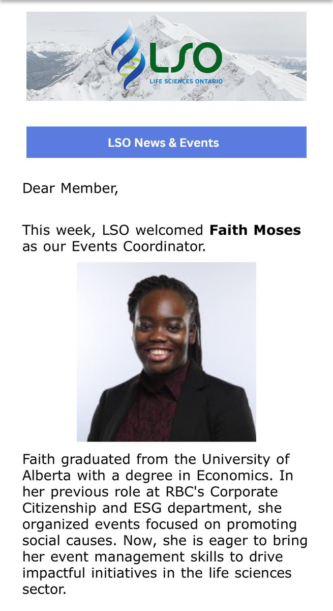 Welcome to the @LifeSciencesON Team our new Events Coordinator Faith Moses. #lifesciences