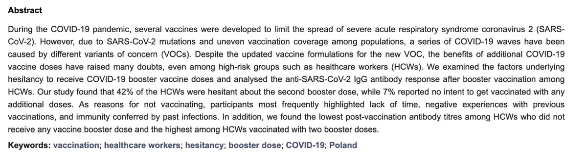 'Our study found that 42% of the HCWs were hesitant about the second  booster dose, while 7% reported no intent to get vaccinated with any  additional doses.'
@KinseyKat1 
Just the abstract is available now.
mdpi.com/2076-393X/12/5…