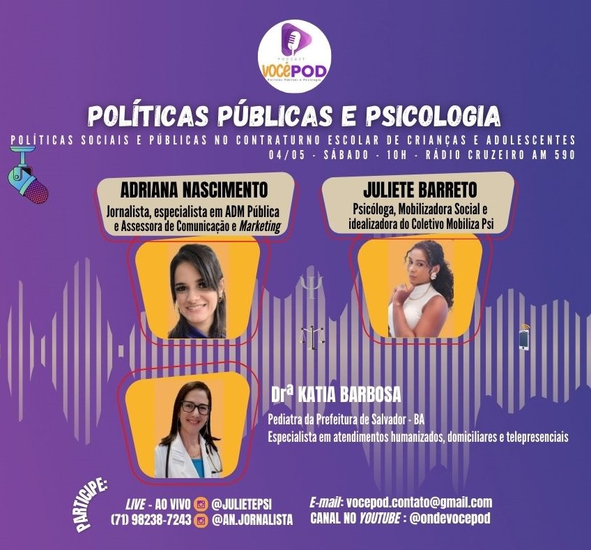 Mais uma edição do Programa VocêPod – Políticas Públicas e Psicologia.

Destacaremos um pouco sobre POLÍTICAS SOCIAIS E PÚBLICAS NO CONTRATURNO ESCOLAR DE CRIANÇAS E ADOLESCENTES.

#PolíticasPúblicas 
#Psicologia 
#Jornalismo 
#ContraturnoEscolar