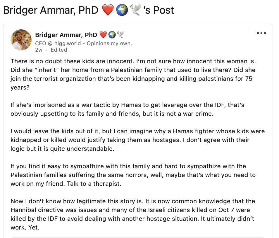 More antisemitic educational rot - meet Bridger (Waleed) Ammar, an affiliate professor at the University of Washington. Ammar, an AI learning specialist, takes to LinkedIn to: - deny the mass rapes of 10/7 - refer to Hamas as 'liberation soldiers' - defends the kidnapping of…