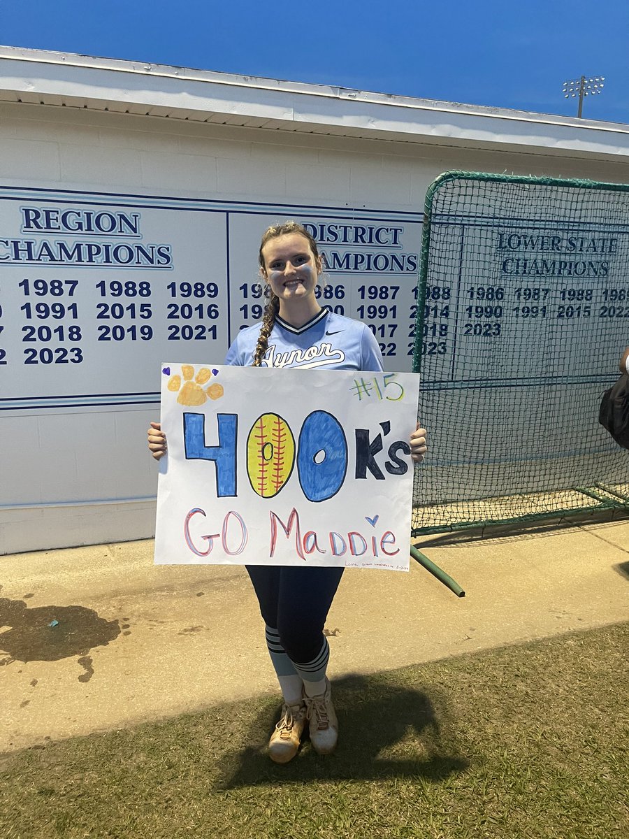 Threw 5 ins tonight with 10ks. I hit 400 career strikeouts! I am so grateful to be able to play with such an amazing group of girls! Thankful for my coaches for always pushing me to be the best I can be! <a href="/clemsonsoftball/">Clemson Softball 🥎</a> <a href="/rittmanjohn/">John Rittman</a> <a href="/ClemsonCoachKJ/">Kyle Jamieson</a> <a href="/cbreault12/">Courtney Breault</a> <a href="/aynorathletics/">Aynor High School Athletics</a>
