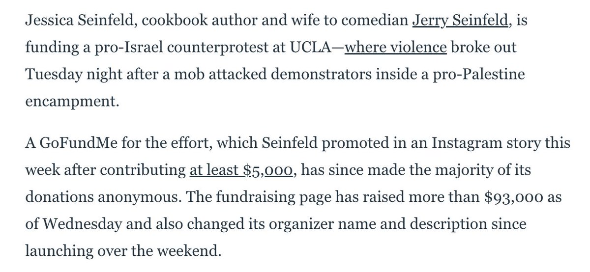@_neilbedi @bora__erden @TmarcoH @ishaan_jhavs @arijetalajka @NatalieReneau @AricToler @MrOlmos The pro-Israel counter-protesters at UCLA were organized by a group funded by billionaire Bill Ackman and friends, including Jessica Seinfield (the wife of Jerry), @kbriquelet at @thedailybeast reported earlier this week. thedailybeast.com/jessica-seinfe…