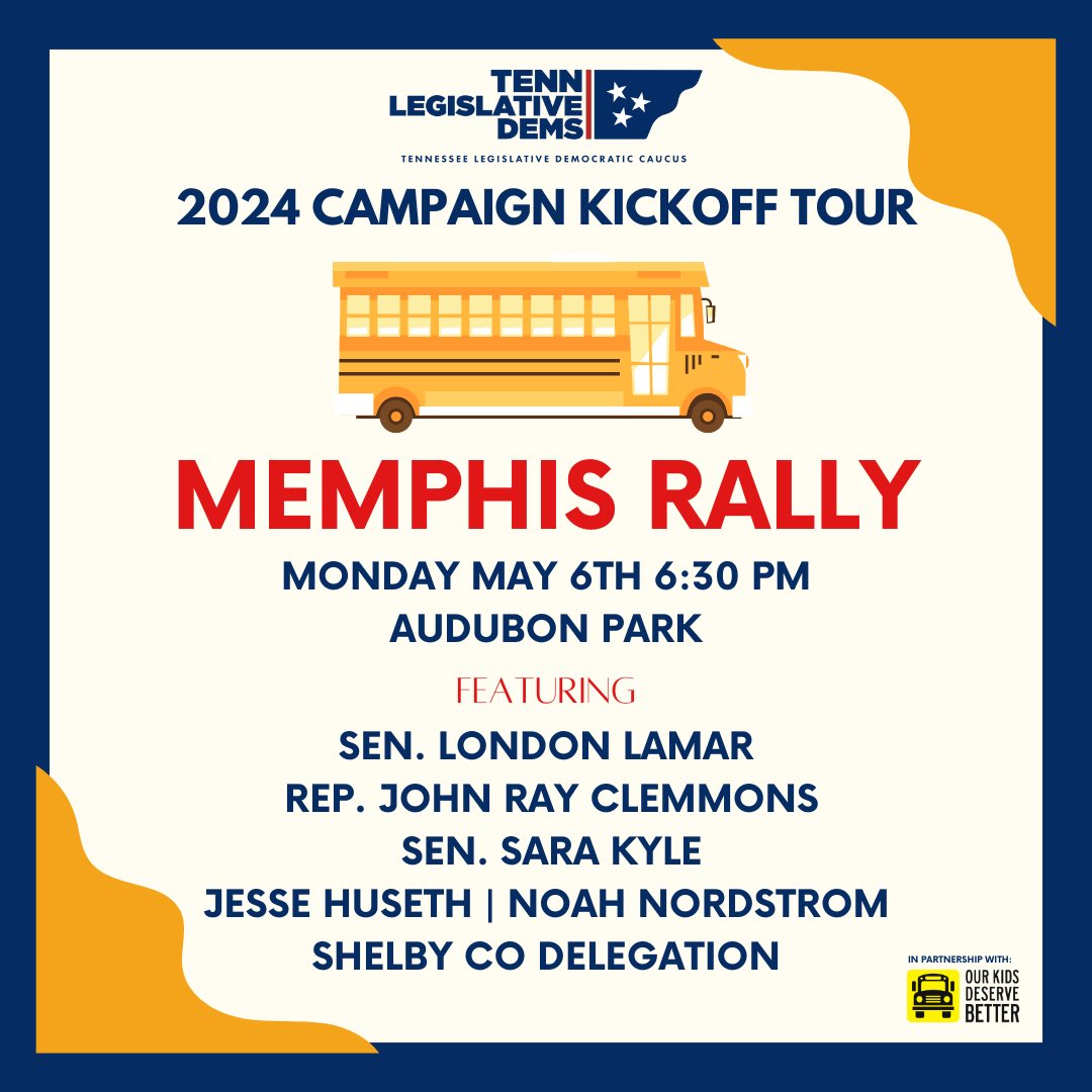 Memphis are you ready to help the @TNDemocrats and @TNSenateDems kickoff the 2024 campaign? Join us Monday at 6:30pm!