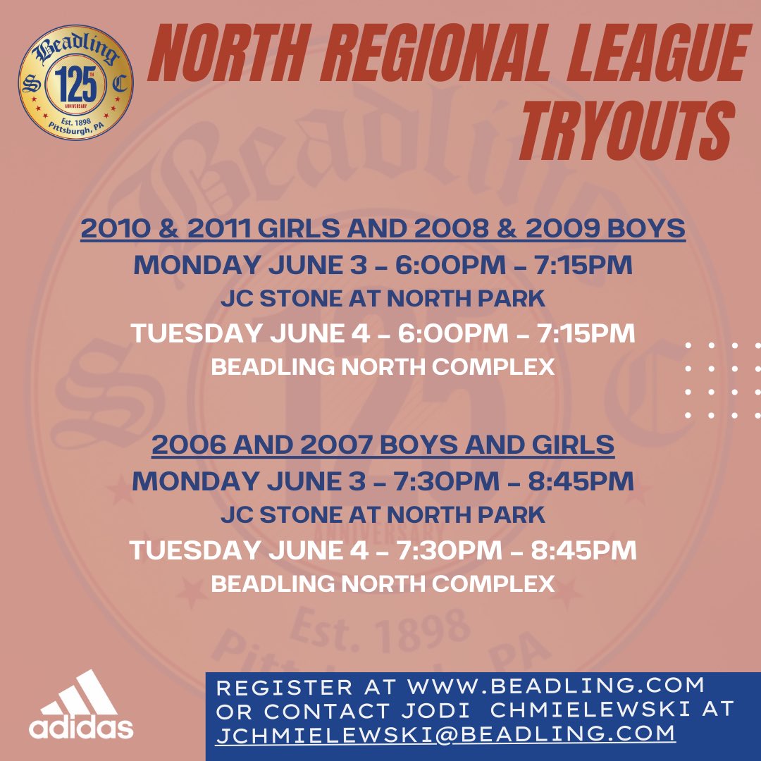 2024/25 North tryout schedule is here! You can register for tryouts at Beadling.com. We look forward to seeing you there! #WearTheB