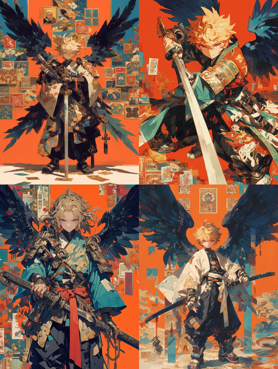 【GW!プロンプト劇場】

A blonde boy with two wings holding his sword, dressed in a Japanese kimono and armor with traditional patterns on it. The background is an orange wall adorned with various colorful geometric shapes. In the style of anime-inspired characters, he has white