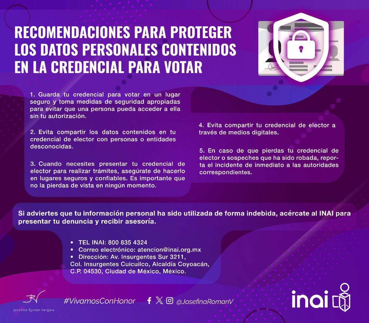 🪪Comparto algunas recomendaciones para proteger los #DatosPersonales que se encuentran en la credencial para votar emitida por el @INEMexico. 📱💻Para saber más sobre protección de datos personales recuerda consultar la página del @INAImexico. ▶️home.inai.org.mx
