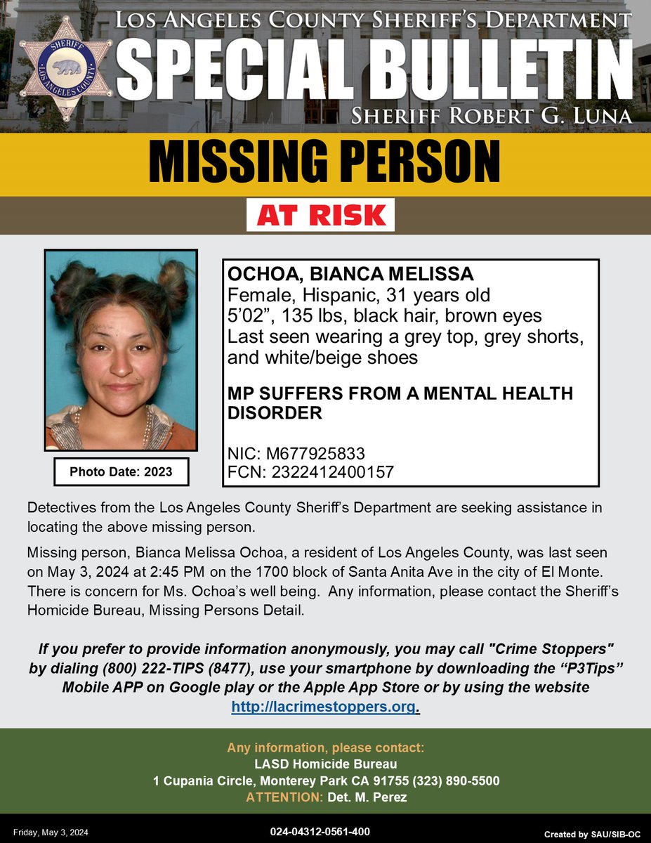 #LASD is Asking for the Public's Help Locating At Risk Missing Person, Bianca Ochoa, #ElMonte

local.nixle.com/alert/10945451/
