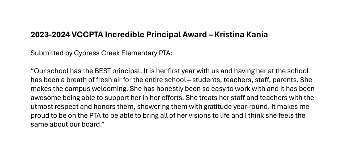 cypresscreekvcs's tweet photo. 🏆🎉 Congratulations to Mrs. Kania for winning the 23-24 VCCPTA Incredible Principal Award from our CCE PTA! Make sure to read their submission. Happy Principal’s Week, Mrs. Kania! #WeAreCCE #ottersmatter #AchievingExcellenceTogether https://t.co/Ky7VpKtYos