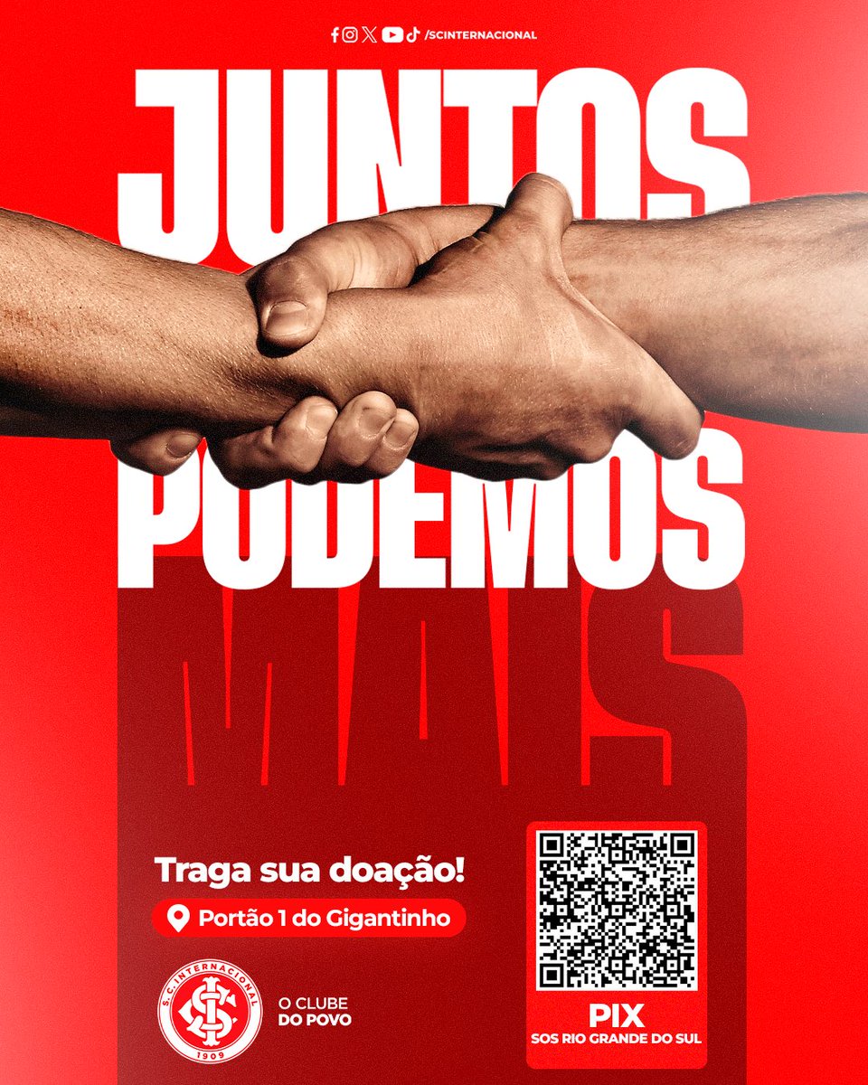 SCInternacional's tweet photo. Seguimos mobilizados para ajudar quem mais precisa! 🤝

🔜 Amanhã, o ponto de coleta de donativos do Gigantinho estará mais uma vez aberto das 8h às 18h. O acesso ao portão 1 do ginásio ocorre através do toldo localizado na Rua Nestor Ludwig. 

📲 Faça também sua doação via PIX para a conta do @governo_rs!