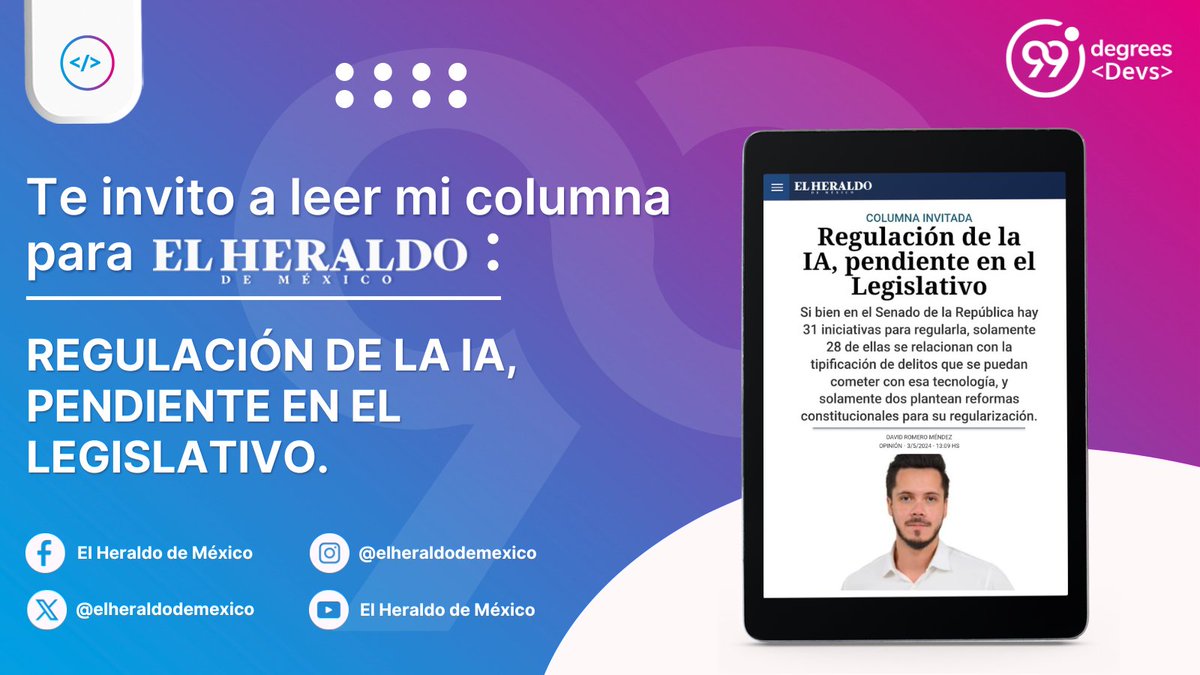 99degrees_co's tweet photo. 🚨 #México necesita actuar YA en la regulación de la #InteligenciaArtificial. Con 31 iniciativas en el Senado y poco avance, ¿cómo podemos asegurar nuestros derechos? 🤖🇲🇽
Lee lo que David Romero (@davidromen) tiene que decir sobre este tema crucial ➡️ [Link] 
#RegulaciónIA https://t.co/tQkvFmRxRa