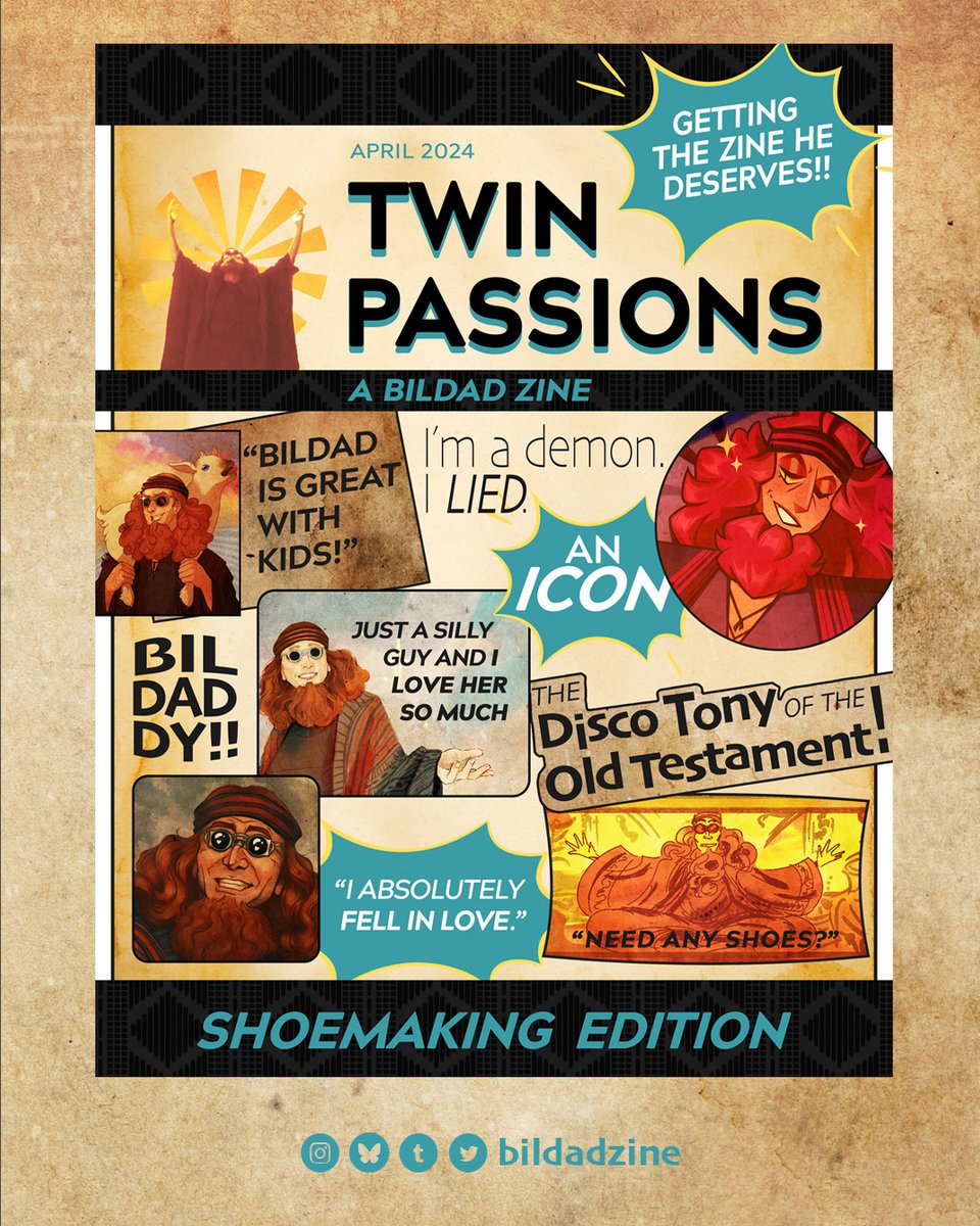 Last call for all Friends of Bildad! Get your Shoemaking and Obstetrics editions, your digital extras, your chance to help fundraise for RAINN and Safeline. It's the FINAL COUNTDOWN!

Enjoy ox ribs, baby goats, geckos, and more!

bildadzine.itch.io/twin-passions-…

#GoodOmens