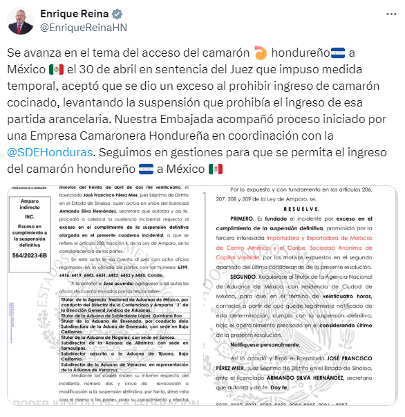 🔴#EstáPasando| Canciller @EnriqueReinaHN compartió que siguen las 'gestiones para que se permita el ingreso del camarón hondureño a México'.